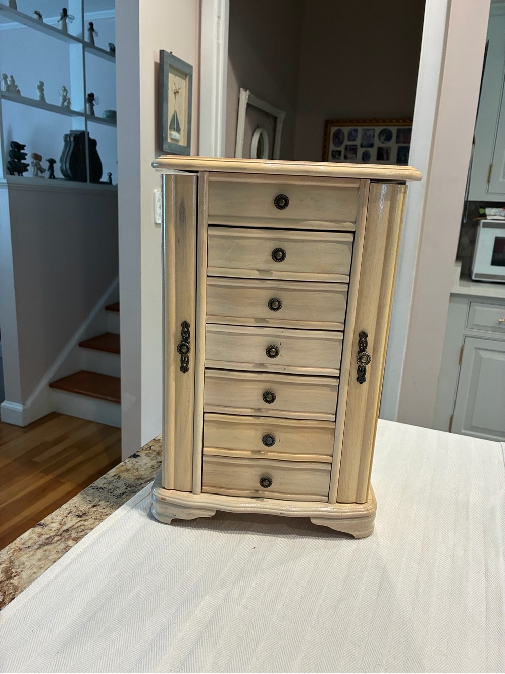 Vintage Jewelry Armoire Cream colored distressed antique finish